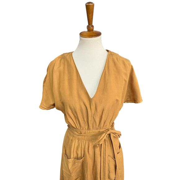 Madewell Linen-Blend Dolman-Sleeve Tie-Waist Midi V-Neck Dress Size 2 - Picture 6 of 9